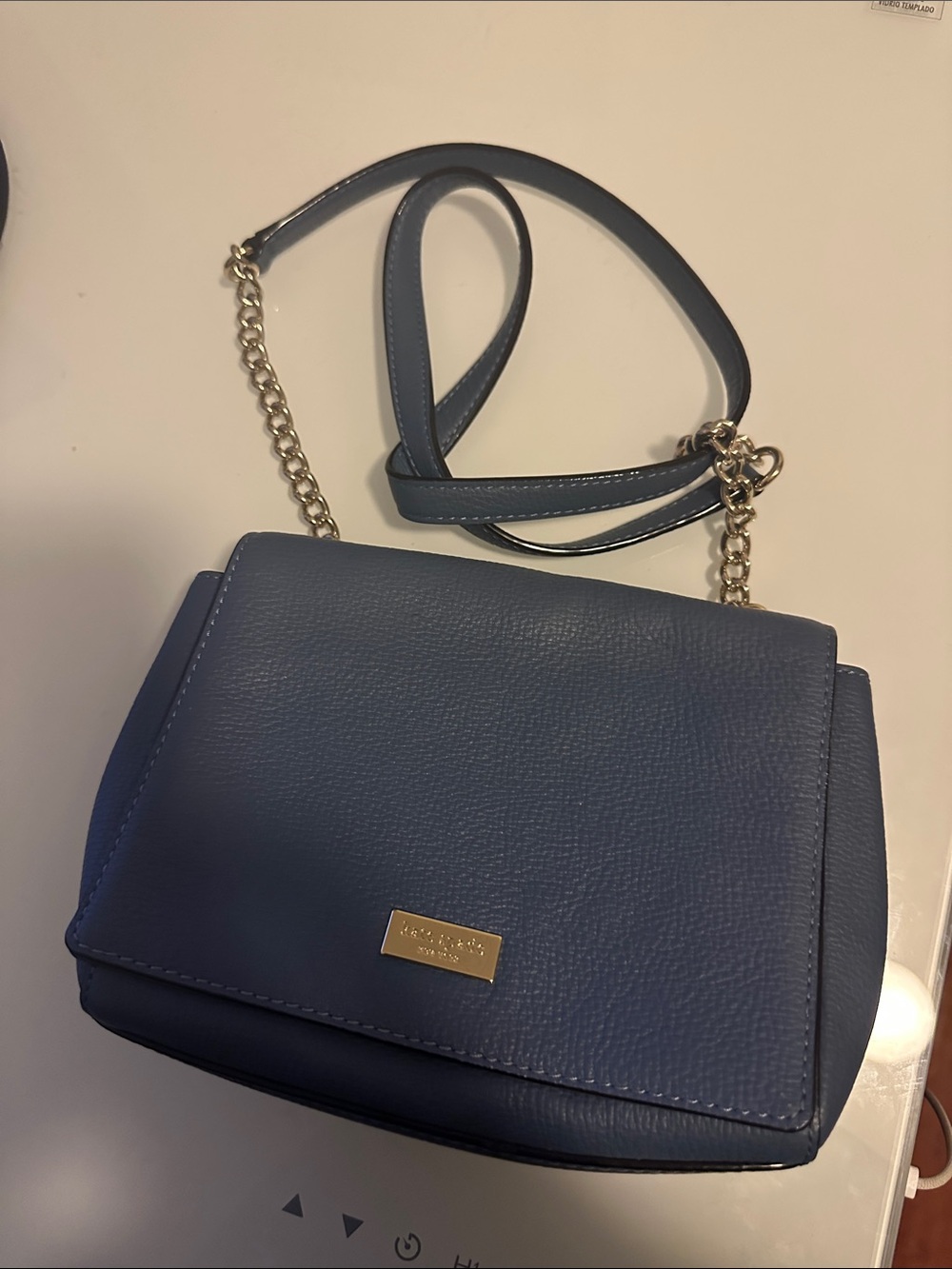 kate spade blue leather crossbody with gold chain strap